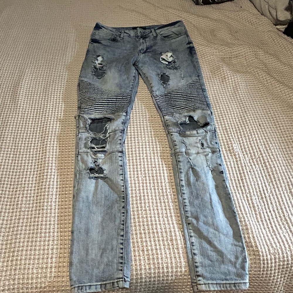 Men's Distressed Skinny Jeans in Light Blue